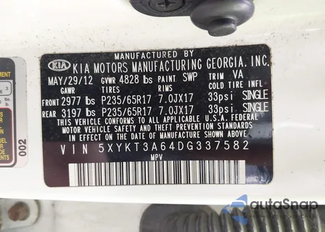 2013 Kia Sorento Lx z USA, uszkodzony, nr VIN 5XYKT3A64DG337582